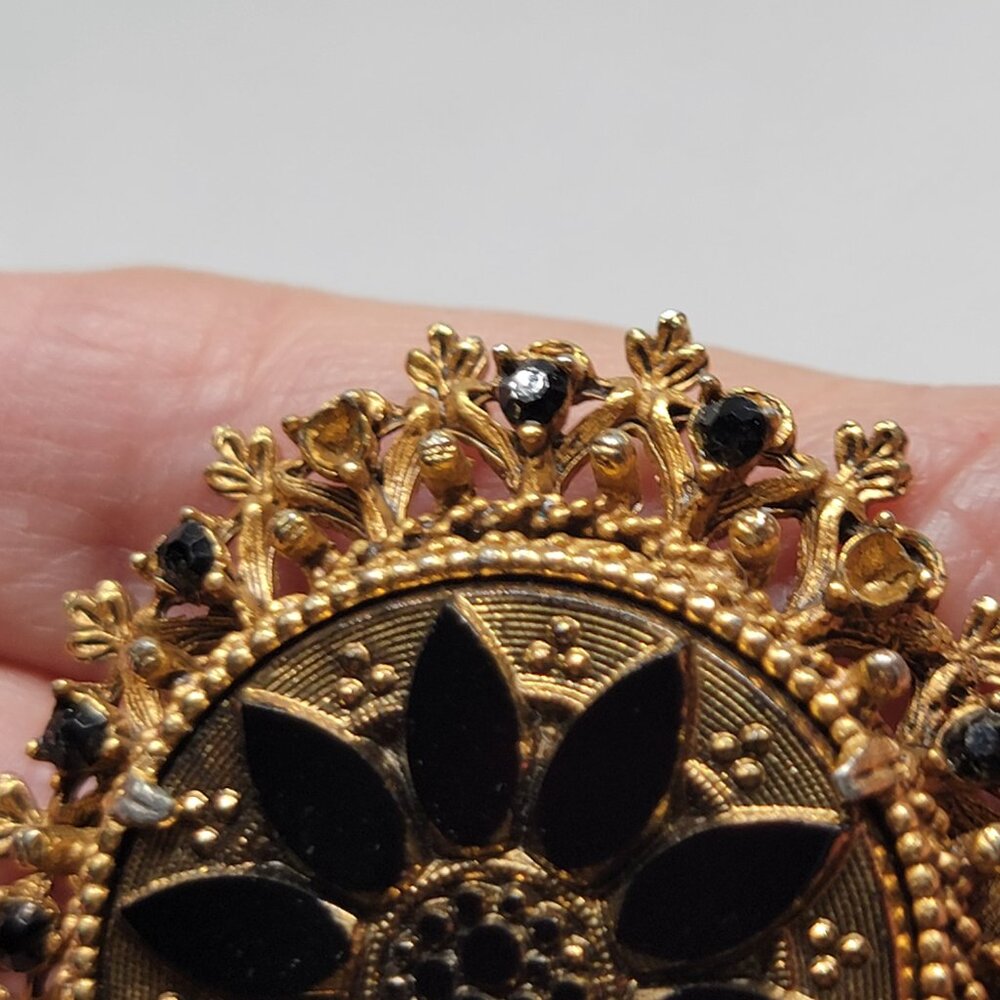 Florenza Gold Black Brooch Glass Round Pin Black Rhinestones OS Vintage - Picture 7 of 11